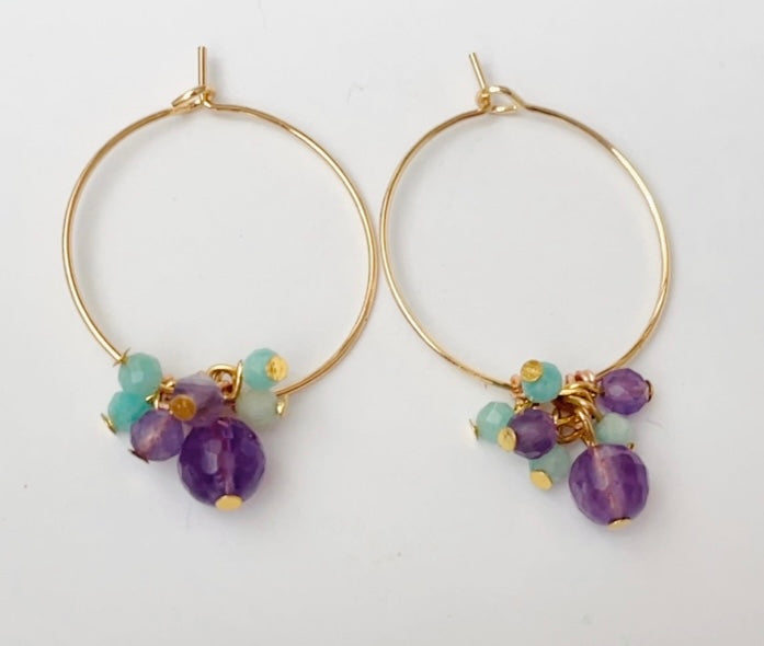 Gold hoops with Amethyst and Amazonite gemstones