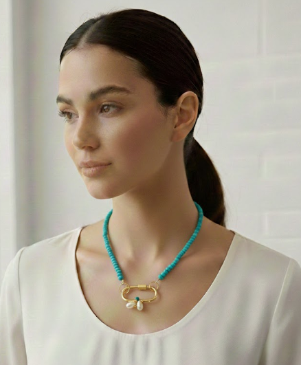 Turquoise Stone & Pearl Lock Necklace