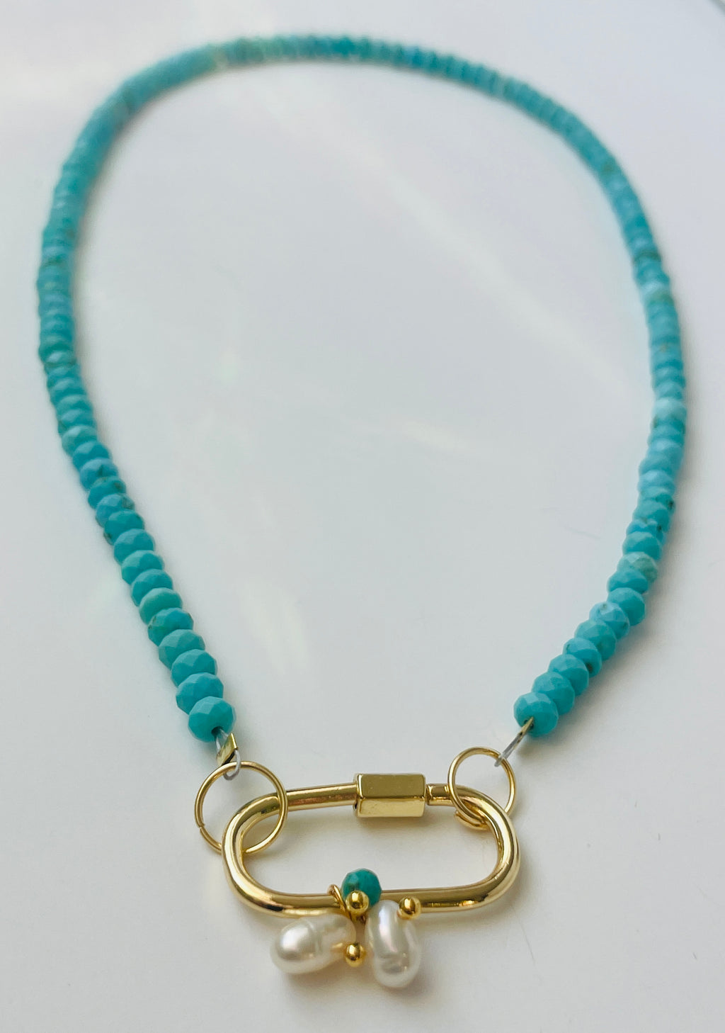 Turquoise Stone & Pearl Lock Necklace